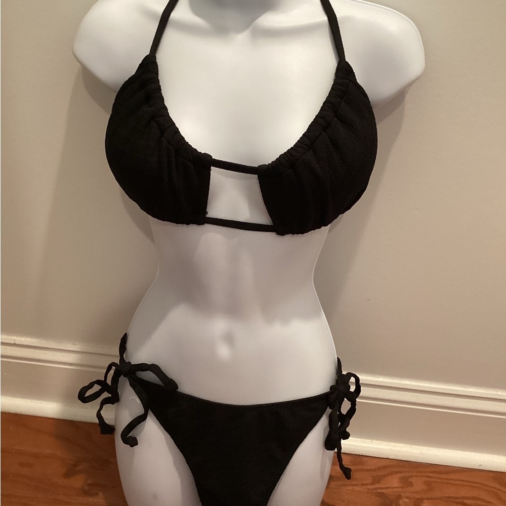 Women's Black Tie-Side Bikini Set with Cutout Front